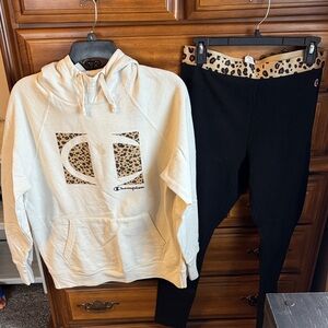 Champion Cream Hoodie and Black Leggings with Leopard Accents